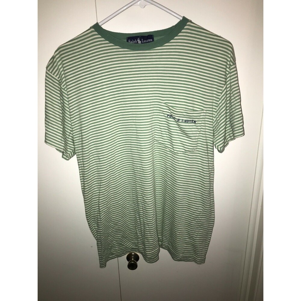 Ralph Lauren Womens V-Neck Jersey T-Shirt Green White Striped Size M